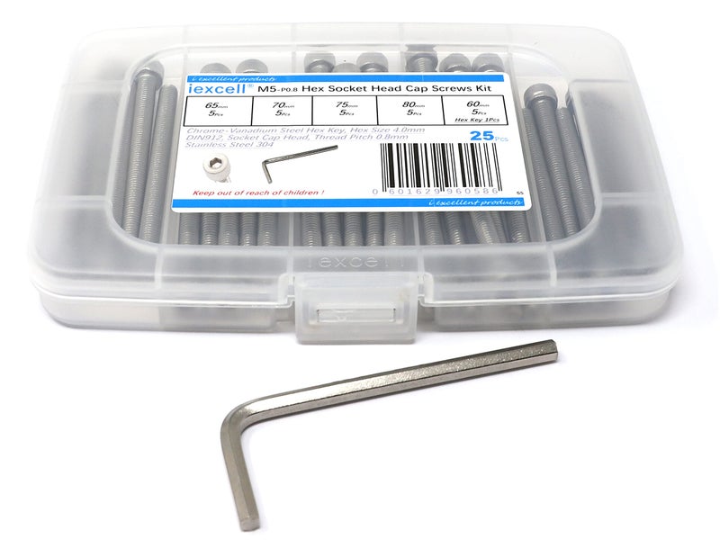 iexcell 25 Pcs M5 x 60/65/70/75/80mm Thread Pitch 0.8 mm Stainless Steel 304 Hex Socket Head Cap Screws Bolts Assortment Kit - Image 1